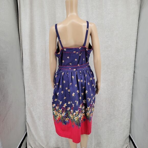 Vintage Sundress Belted Floral Blue Red Pin-Up Rockabilly Cotton 70s - Picture 6 of 14
